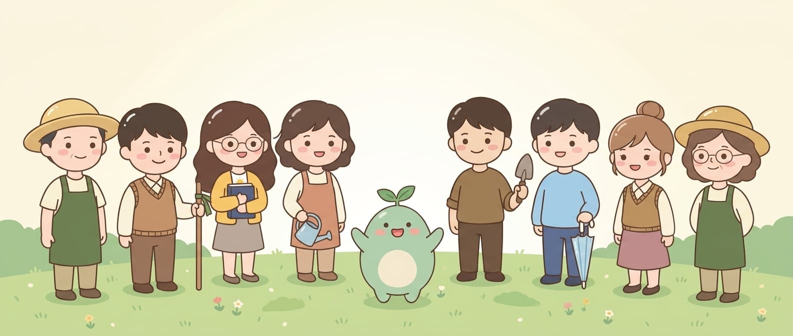 햇살 좋은 밭 가운데서 두 팔을 들고 웃는 새싹이와, 반원으로 둘러서서 새싹이를 바라보는 어른 여덟 명